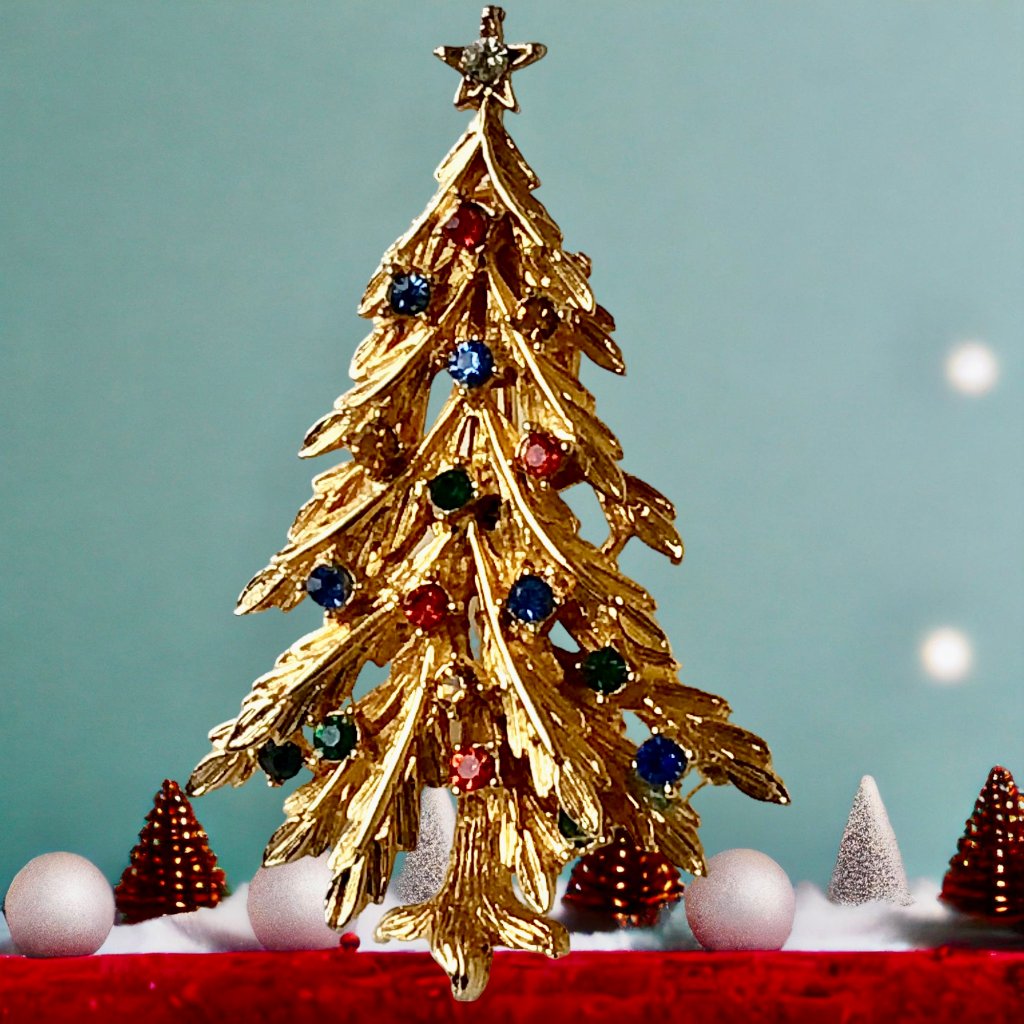 Art Arthur Pepper Vintage Christmas Tree Brooch Pin Gold Tone Rhinestones Signed